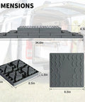 Dimensions of Heavy Duty RV Camper Leveling Blocks 12 Pack with interlocking pads for trailer rig ground support in durable gray.