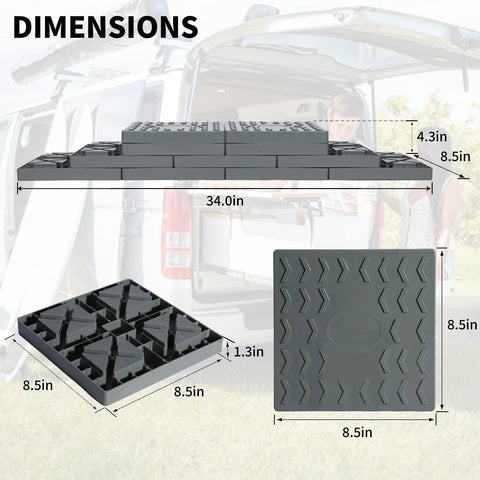 Dimensions of Heavy Duty RV Camper Leveling Blocks 12 Pack with interlocking pads for trailer rig ground support in durable gray.