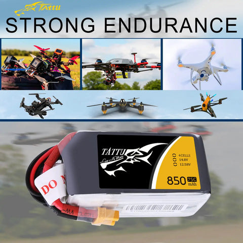 14.8V 4S 75C 850mAh LiPo Battery Pack With XT30 Plug For FPV Drones And Multirotors, compact high discharge design.
