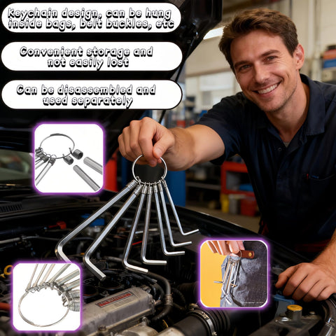 Mechanic holding Pro 8-Piece Metric Hex Key Set With L-Shaped Allen Wrenches And Key Ring, 1.5-6mm Sizes, near car engine