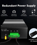 Industrial Din Rail 8 Port Poe Gigabit Ethernet Switch Serving Up A Rip Roaring 96W Poe Power Budget And A 16 Gbps Bad Boy Switching Engine Built Smooth For Zero Hassle Security Rigged Networks, redundant power supply with input specs.