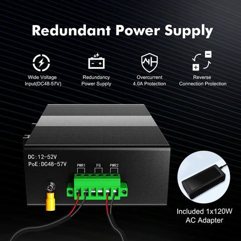Industrial Din Rail 8 Port Poe Gigabit Ethernet Switch Serving Up A Rip Roaring 96W Poe Power Budget And A 16 Gbps Bad Boy Switching Engine Built Smooth For Zero Hassle Security Rigged Networks, redundant power supply with input specs.