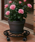 Black plant pot on 11.8 inch metal plant dolly with wheels, Three Pack Heavy Duty Plant Caddies With Wheels 11.8 Inch Metal