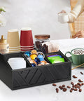 Coffee Station Organizer For Counter With Wood Pod Holder And Tea Condiment Storage Basket, Rustic Bar Decor on table