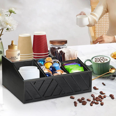 Coffee Station Organizer For Counter With Wood Pod Holder And Tea Condiment Storage Basket, Rustic Bar Decor on table