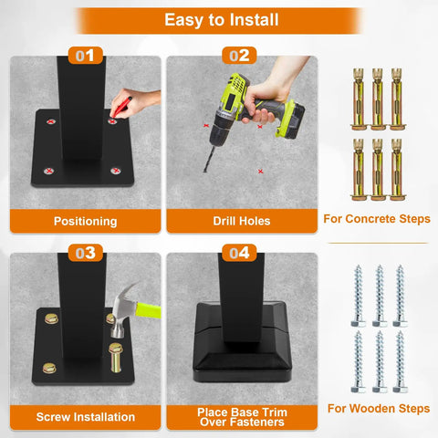 Installation steps for Heavy Duty Adjustable Stair Handrail Rock Solid Wall And Floor Mounted Wrought Iron Safety Rail in matte black.