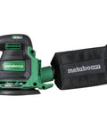 18V Cordless 5 Inch Random Orbital Sander with dust collection bag, side view.