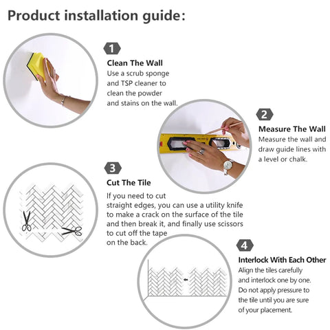 Installation guide for Peel And Stick Herringbone Kitchen Backsplash Tiles Self Adhesive Aluminum Composite PVC Marble White With Light Grey Veining For Easy DIY Install And Modern Look 7.7 Sq Ft Coverage Includes Bonus Gloves