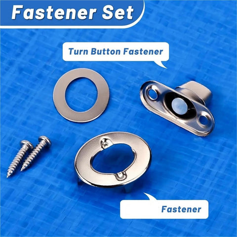 Front view of marine-grade stainless steel twist-lock fastener set with washer, turn-button eyelet, mounting plate and screws