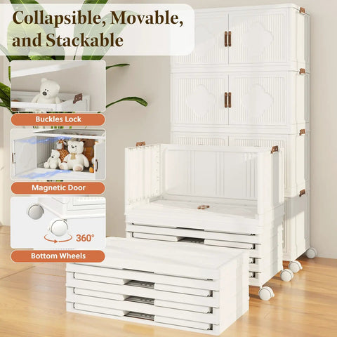 Premium Stackable Storage Bins With Smooth Rolling Wheels And Secure Snap Lids Game Changing Hella Spacious Plastic Organizers Fold Flat For Garage Closet Pantry 3 Pack Cream White with buckles and magnetic door.