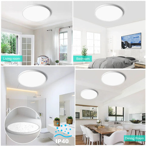 Hella Bright 12 Inch LED Flush Mount Ceiling Light Slim Flat Round Fixture 5000K Daylight White in living room, bedroom, dining room, bathroom settings