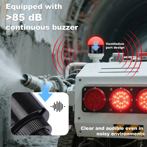 24V DC Industrial Warning Light With Buzzer on machinery showing 3 color LED and ventilation ports in a tunnel environment