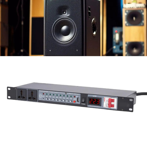 Keep Your Live Rig Bulletproof With This 10 Outlet Power Sequencer Surge Protector Featuring Digital Voltage Display And Hella Surge Defense For Smooth Amp Speaker Startup Shutdown On Stage Or In Studio US Plug with digital voltmeter and audio speakers.
