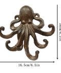 Heavy Duty Cast Iron Octopus Wall Hooks With Sleek Nautical Vibes And Aged Dark Brown Finish For Hanging Coats Keys Towels And Gear, 6.3in tall.