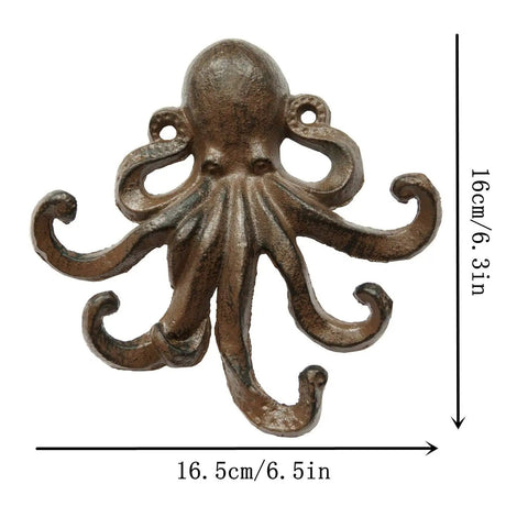 Heavy Duty Cast Iron Octopus Wall Hooks With Sleek Nautical Vibes And Aged Dark Brown Finish For Hanging Coats Keys Towels And Gear, 6.3in tall.