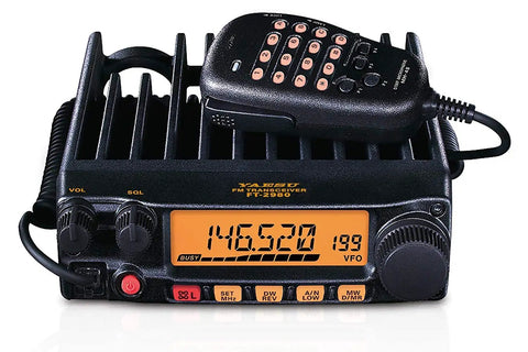 Beefy 144 MHz Mobile Transceiver With 80 Watts And No Fan Cooling, displaying large 6 digit backlit LCD and microphone