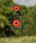 Auto Reset Steel Target Spinner For Centerfire Handguns Up To 44 Magnum Outdoor Range Practice with two orange rotating targets