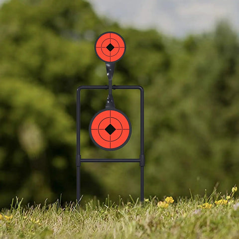 Auto Reset Steel Target Spinner For Centerfire Handguns Up To 44 Magnum Outdoor Range Practice with two orange rotating targets