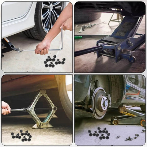 Five Sixteenth Inch Rubber Hydraulic Jack Oil Plugs Five Pack Universal Replacement Bung shown near various hydraulic jacks.