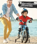 Child wearing Kids Protective Gear Set Knee Pads Elbow Pads And Wrist Guards For Roller Skating Cycling BMX Bike Skateboarding Inline Skating And Scooter Riding Black Small 3 To 8 Years Kid Friendly All In One Safety Kit riding bike with adult support.