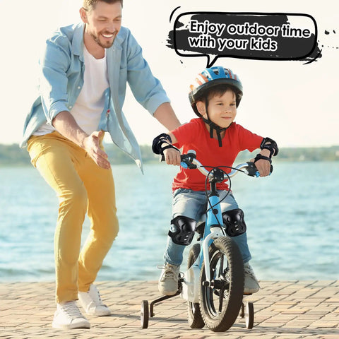 Child wearing Kids Protective Gear Set Knee Pads Elbow Pads And Wrist Guards For Roller Skating Cycling BMX Bike Skateboarding Inline Skating And Scooter Riding Black Small 3 To 8 Years Kid Friendly All In One Safety Kit riding bike with adult support.