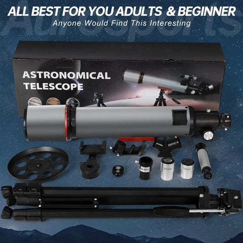 All In One Dope High Powered 90mm Aperture Refractor Telescope For Adults And Kids Portable Travel Kit with accessories.