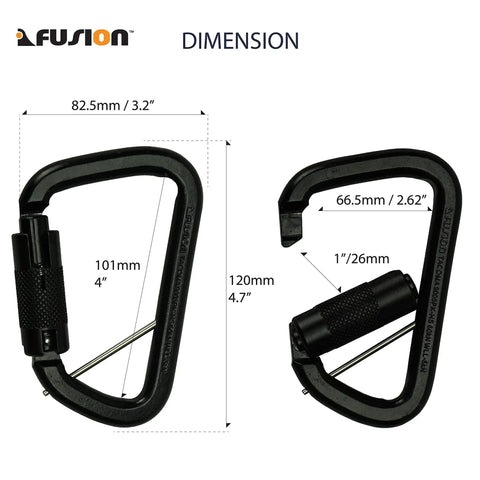 Auto Locking Carabiner 50KN For Tough Climbs And Rappelling Heavy Duty Steel D Shaped Captive Pin UIAA ANSI Compliant; dimensions shown.