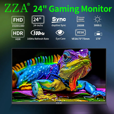 24 Inch Curved Computer Monitor With 100Hz FHD 1920x1080, 2800R Immersive Display showing colorful lizard graphic