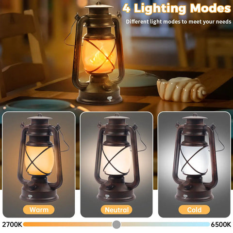 Two Pack Bronze Vintage Rechargeable Lanterns With Remote Control Four Modes Include Flickering Flame And Three Color Temperatures 3000K 4500K 6000K Perfect For Camping Power Outages And Outdoor Adventures showing different lighting modes