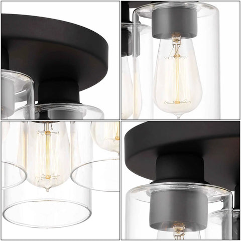 Modern Farmhouse 3 Light Flush Mount Ceiling Light Fixture With Clear Glass Shade In Dark Bronze Finish For Hallway Entryway Passway Bedroom Garage Kitchen Balcony Living Room