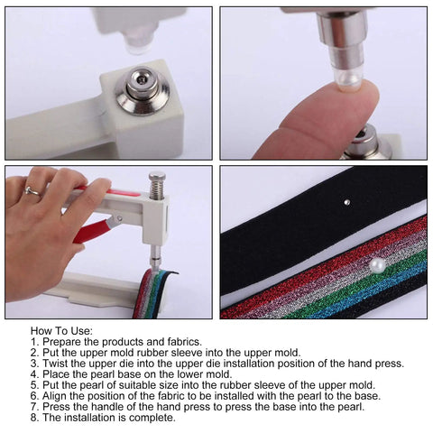 Top-Notch Hand Press Pearl Setting Machine For Crafting showing steps to press pearls onto fabric with hand tools.