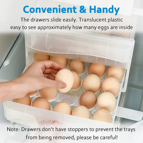 Hand placing eggs in Fridge Egg Storage Organizer With 60 Grid Slots Space Saving Egg Holder for Refrigerator with conical groove design.