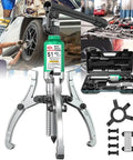 Heavy Duty Hydraulic Bearing Puller And Wheel Bearing Separator with Three Adjustable Jaws, shown in workshop with tools.