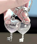 Heavy Duty Silver Lobster Claws And Swivel Snap Hooks With Key Rings, heart-shaped charms engraved 'LOVE' and names.