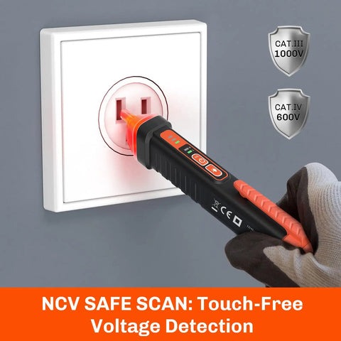 Non Contact Voltage Tester Pen With Dual Sensitivity 12-1000V detecting socket voltage with LED flashlight and CAT III 1000V certification.