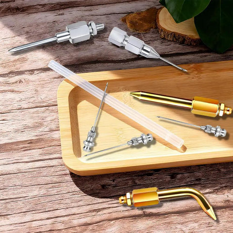 7 Piece Grease Gun Needle Tip And Nozzle Accessory Kit for automotive maintenance and car repair on wooden surface.
