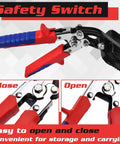 Sheet Metal Hand Seamer 3 Inch Bend Tip Tool for Flattening and Bending Metal, showing safety switch, open and closed positions