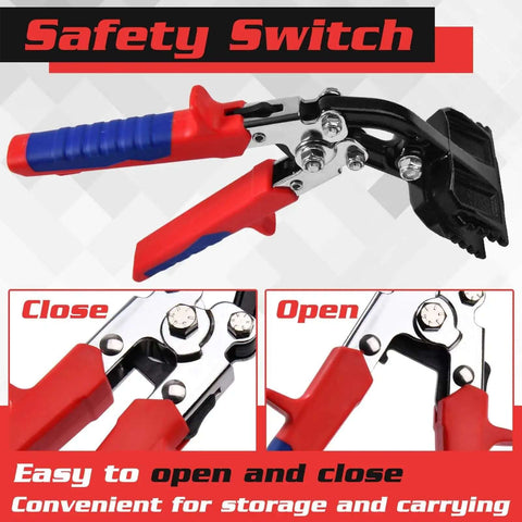 Sheet Metal Hand Seamer 3 Inch Bend Tip Tool for Flattening and Bending Metal, showing safety switch, open and closed positions