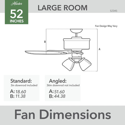 Dimensions of 52 Inch Indoor Ceiling Fan With LED Lights And Pull Chain, Bronze Finish, showing measurement guide