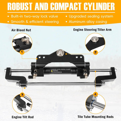200HP Hydraulic Outboard Steering Kit with steering wheel helm pump hydraulic cylinder and 26 ft PU hoses, cylinder view