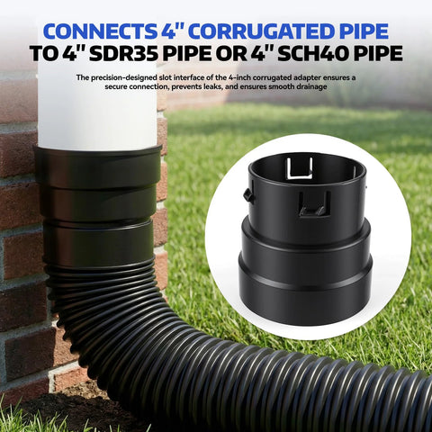 Amazon 4-inch PVC to corrugated pipe adapter, black; push-fit connector for yard drainage.