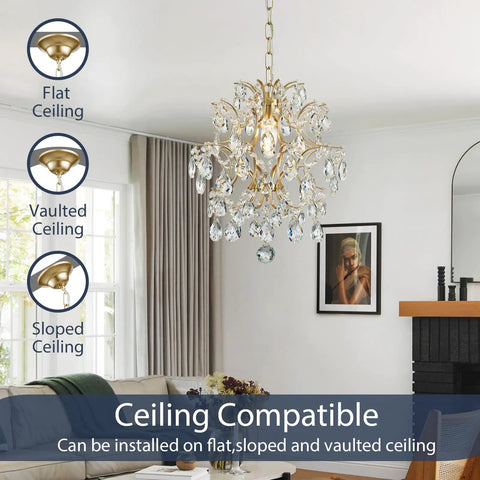 Top Tier Gold Crystal Raindrop Pendant Chandelier Featuring Durable Glass Tubes And Adjustable Chain Ceiling Light E26 Socket in a living room.