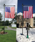10Ft Garden Flag Pole Stand With 5 Prong Base For 3x5 American Flags shown in summer and winter settings