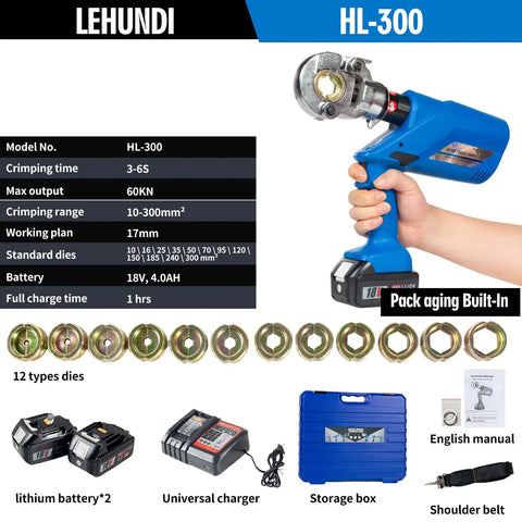 Badass 6 Ton Electric Hydraulic Crimping Pliers With 12 Universal Dies For Cable Lugs And Wire Terminations showing lithium batteries, charger, and storage box.