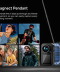 4K Mini Action Camera with EIS Stabilization shown in use during outdoor adventures, highlighting magnetic pendant feature and various activities.
