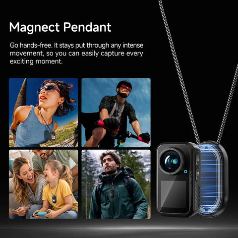 4K Mini Action Camera with EIS Stabilization shown in use during outdoor adventures, highlighting magnetic pendant feature and various activities.