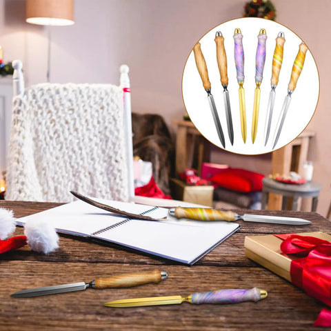 Six Piece Tight 7mm Woodcraft Kit Featuring Letter Openers And Slim Pen Tools For Envelope Slitting Plus Paper Mail Openers Fresh Handmade DIY Gear For Guys And Holiday Giving displayed on a wooden table with notebooks and gifts.