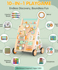 Hella Sturdy Wooden Baby Walker With Ten Interactive Montessori Activities Bead Maze Xylophone And Mirror Completely Legit Push Cart showcasing activity panels.
