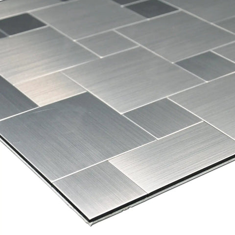 Close-up of Peel And Stick Metal Backsplash Panels 12 By 12 Inch Square, 10 Piece Puzzle Set In Silver, brushed finish