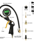 Essential Heavy Duty Compressor Accessory Kit Loaded With A Digital Tire Inflator Sharp Pressure Gauge blow gun and adapters.